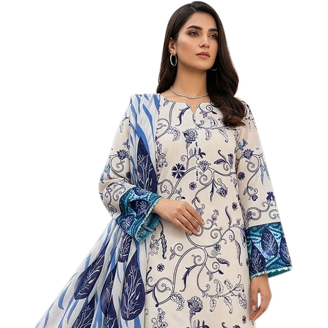 Bold & Textured | Indigo & Off-White Premium Lawn 3-PC | Luxe Statement - Design 05