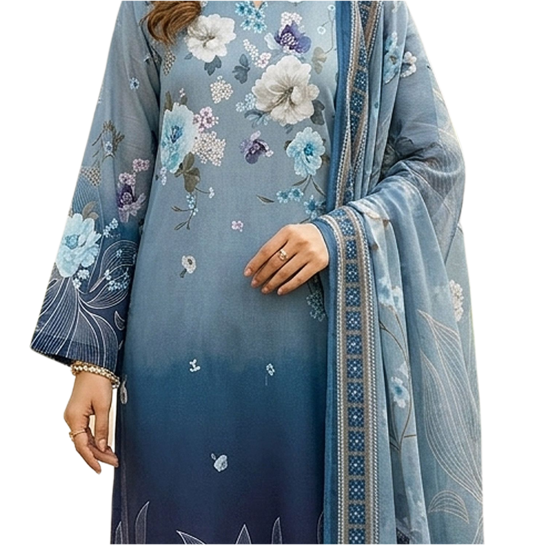 Bold & Textured | Blue Ombre Premium Lawn 3-PC | Digital Bold Print - Design 01