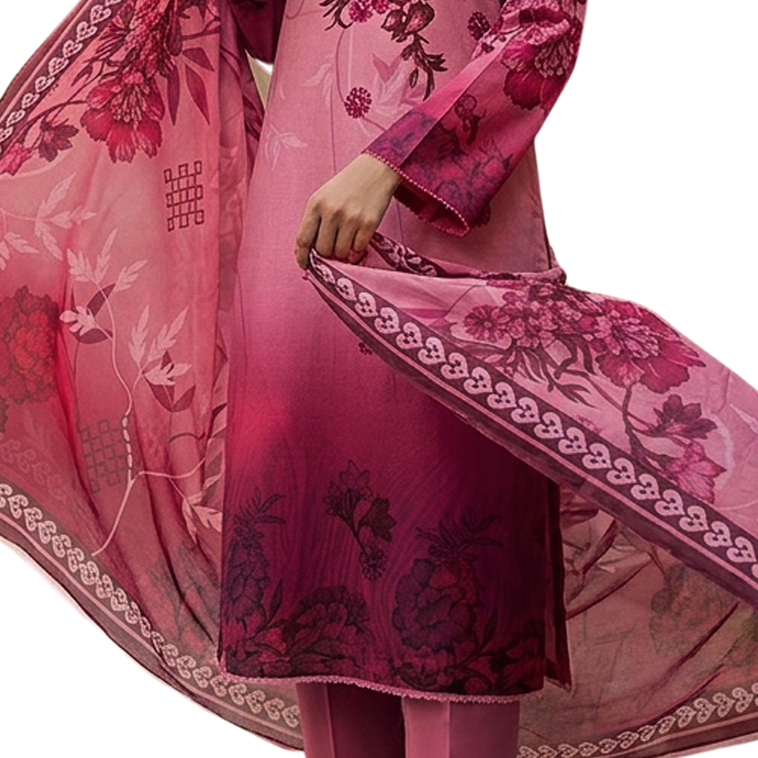 Bold & Textured: Rose-Plum Gradient Digital Print Premium Lawn Suite (Vol. 620)