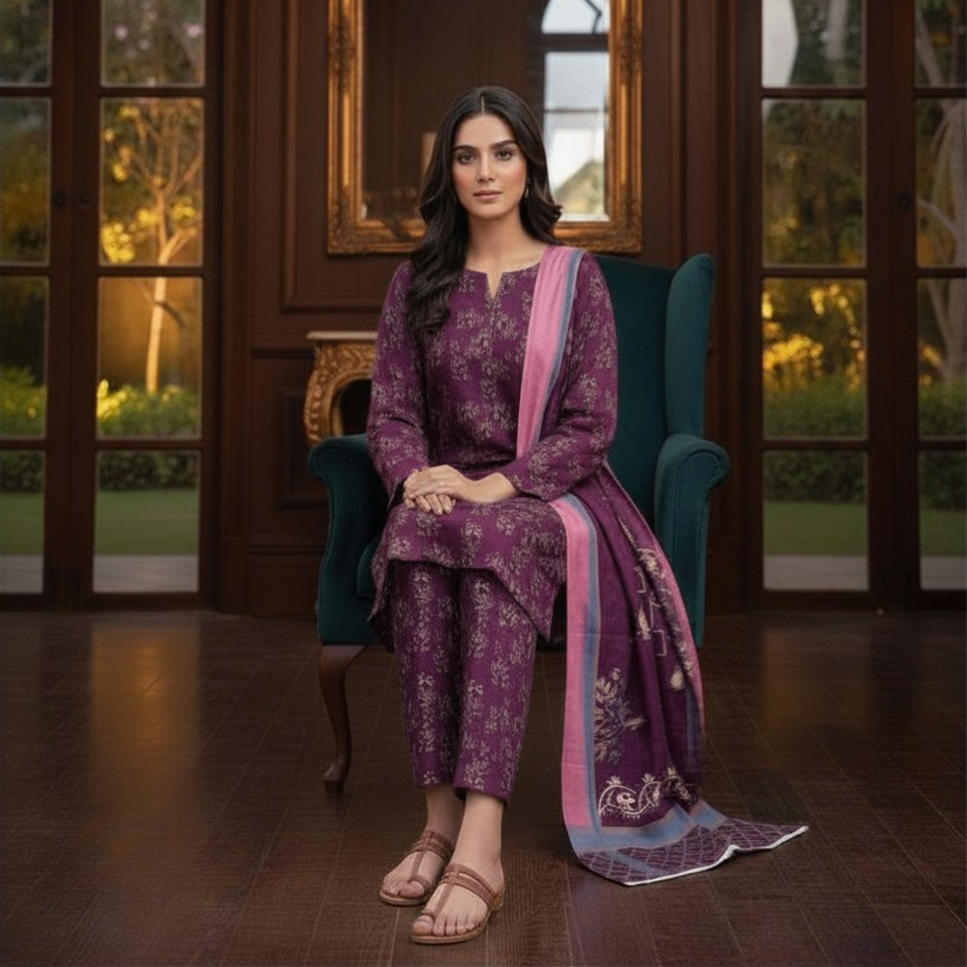 Deep Plum Floral Digital Allover Print Lawn Suite 3pc desighn 08