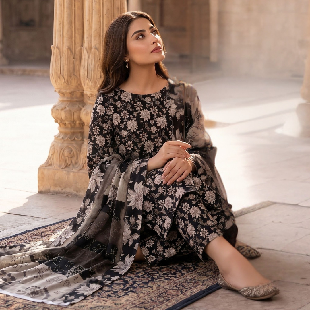 Midnight Floral Digital Allover Print Lawn Suite desighn 03