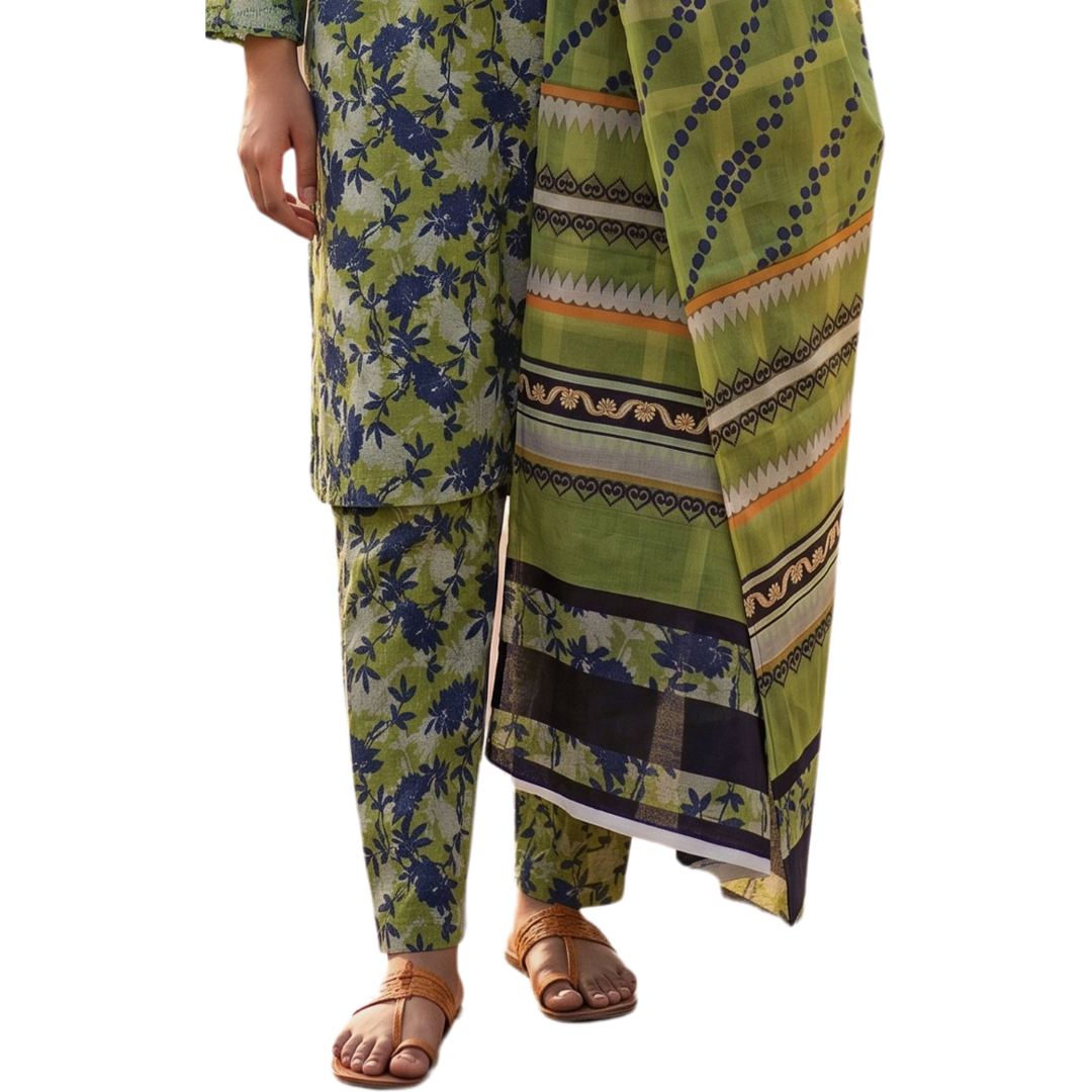 Moss Green & Indigo Floral Digital Allover Print Lawn 3pc suit Desighn 07