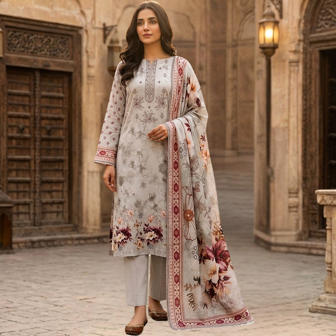 Artisanal Threads: Vintage Grey & Maroon Embroidered Premium Lawn Suite (Vol. 622)