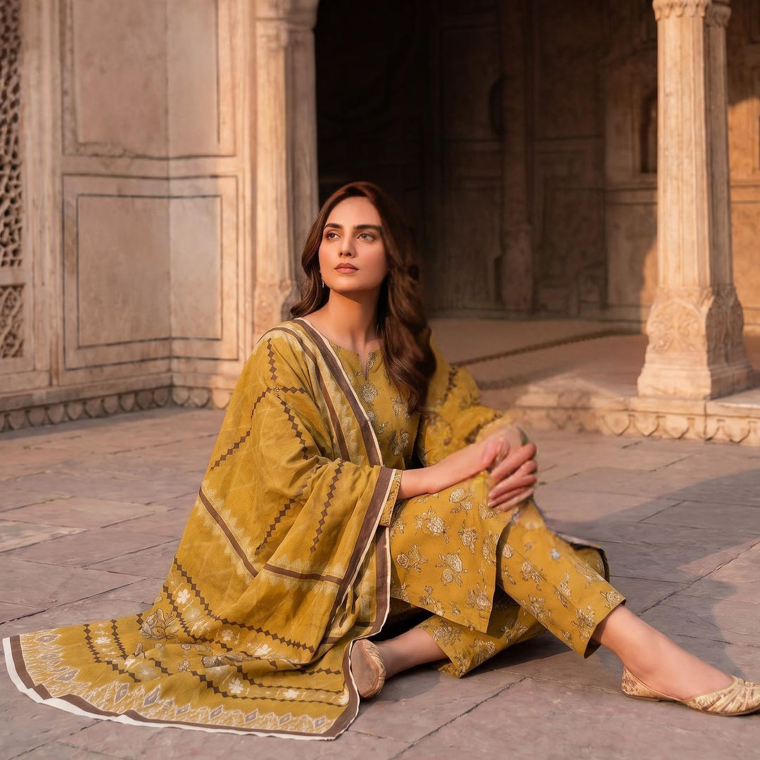 Mustard Vintage Floral Digital Allover Print Lawn - Vol 630 | Design 04