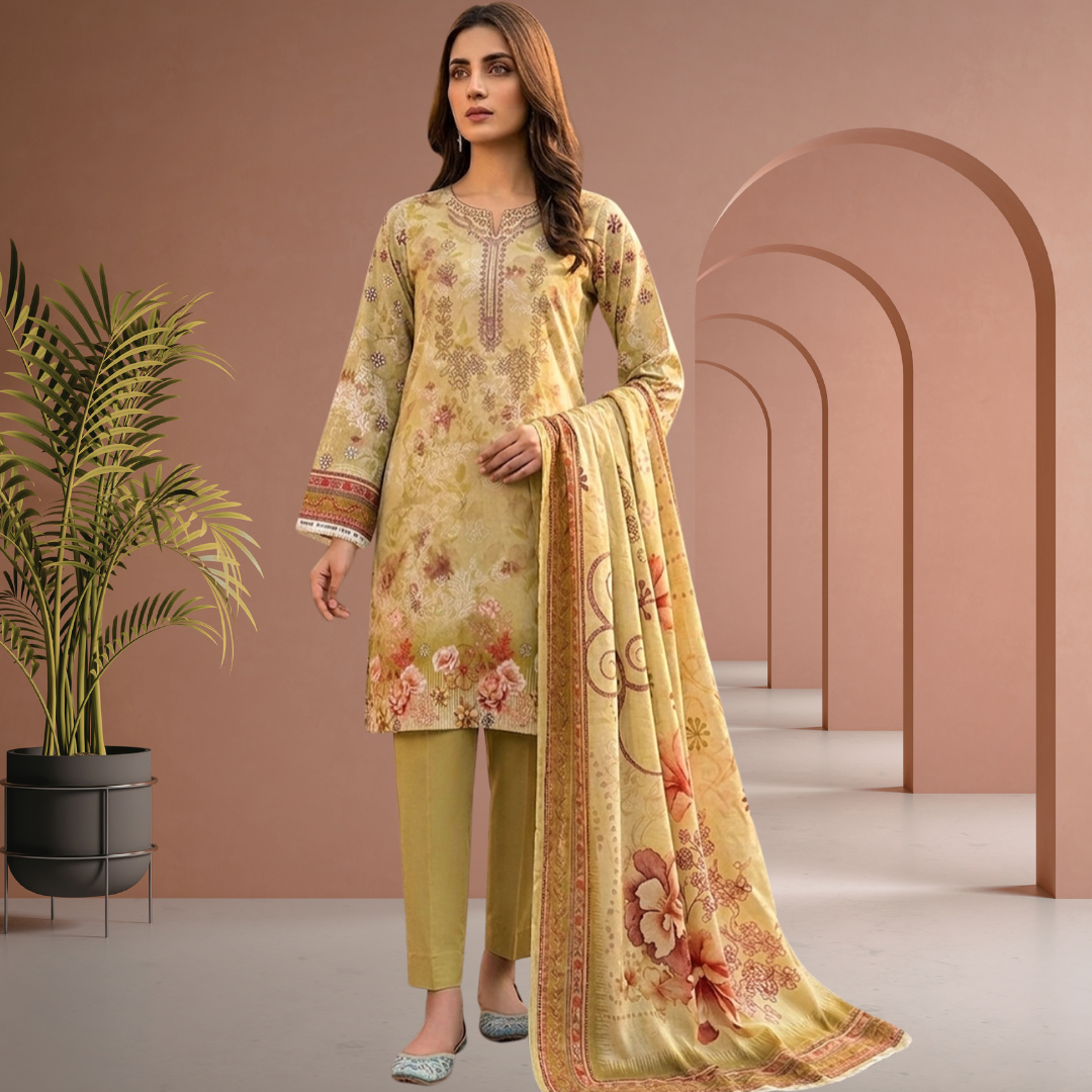 Artisanal Threads | Mustard Premium Lawn 3-PC | Digital Print & Embroidered Neckline - Desi 622gn 04