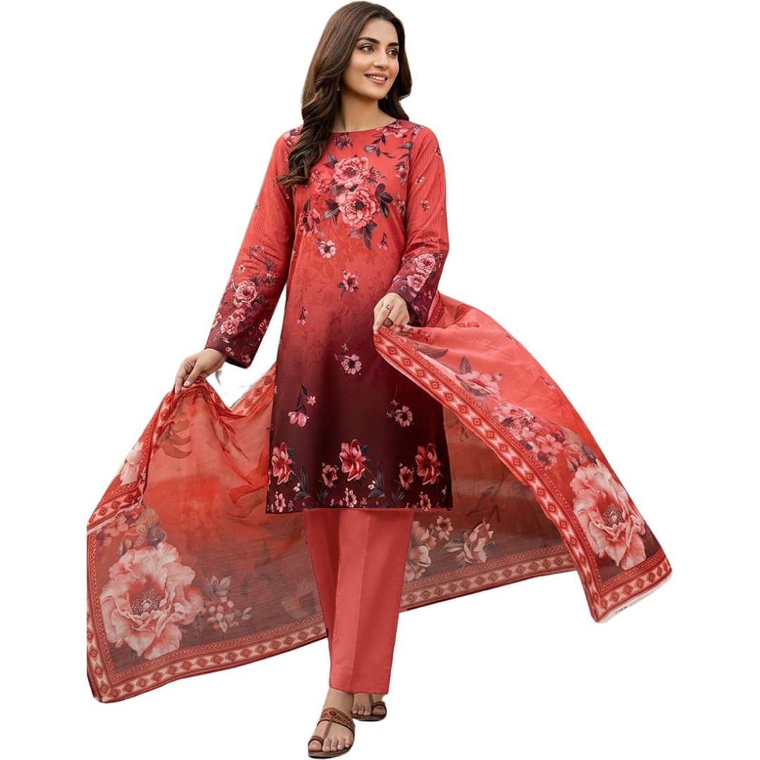 Bold & Textured | Crimson & Maroon Ombre Premium Lawn 3-PC | Digital Bold Print - Design 07