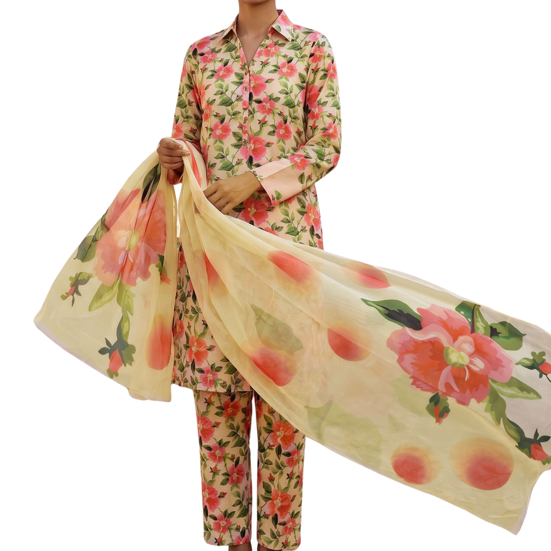 Ivory Cream & Coral 3-Piece – Premium Lawn