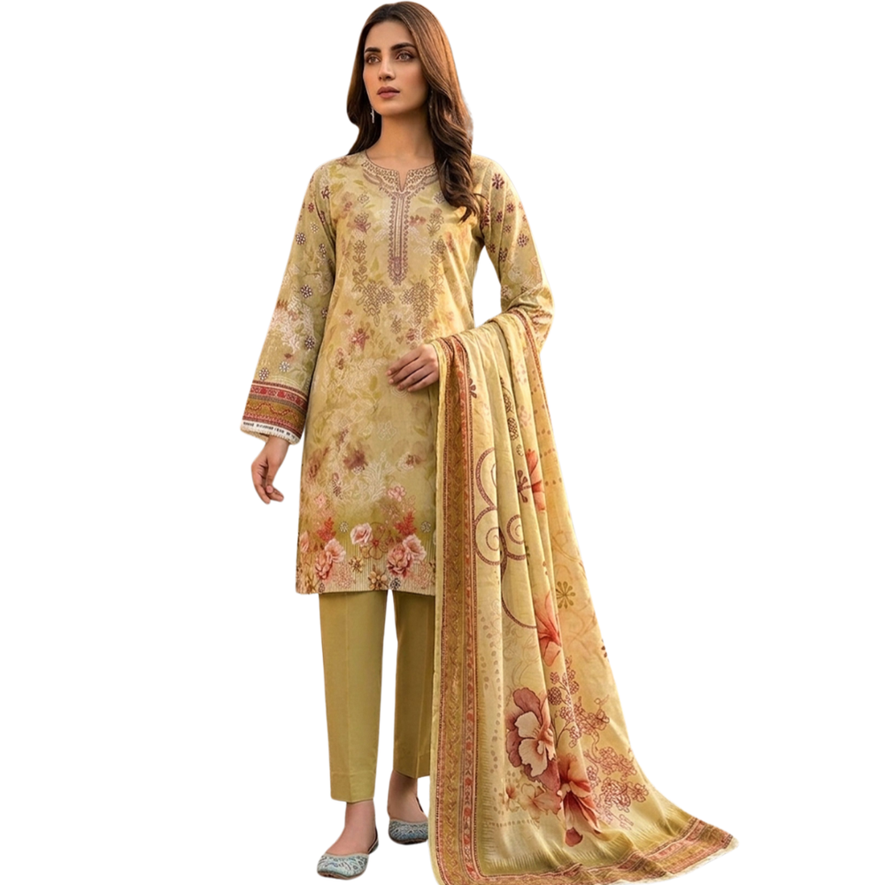 Artisanal Threads | Mustard Premium Lawn 3-PC | Digital Print & Embroidered Neckline - Desi 622gn 04