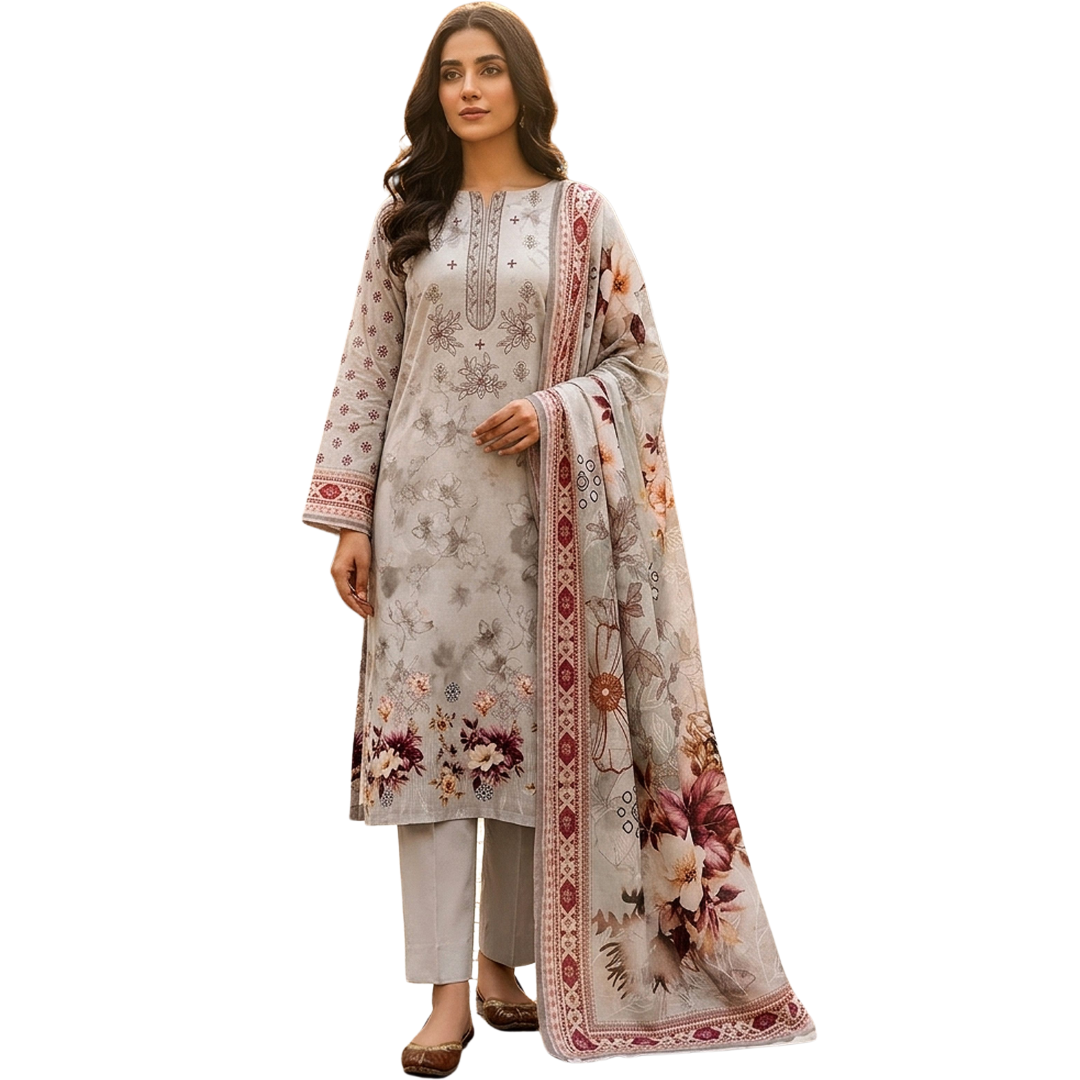 Artisanal Threads: Vintage Grey & Maroon Embroidered Premium Lawn Suite (Vol. 622)