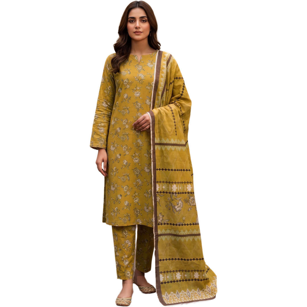 Mustard Vintage Floral Digital Allover Print Lawn - Vol 630 | Design 04