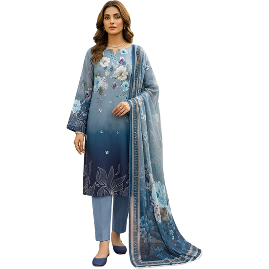 Bold & Textured | Blue Ombre Premium Lawn 3-PC | Digital Bold Print - Design 01