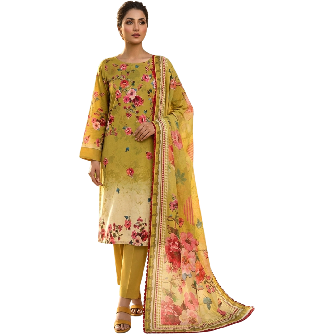 Bold & Textured | Olive & Ochre Premium Lawn 3-PC | Digital Bold Print - Design 05