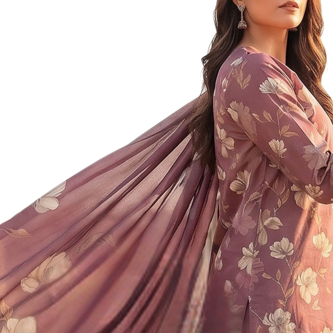 Seamless Elegance | Plum & Cream Allover Print 3-PC | Premium Lawn & Bamber Dupatta - Design 10