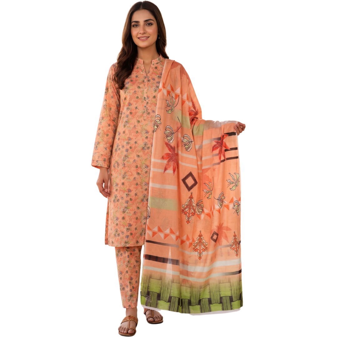 Sunset Peach Digital Allover Print Lawn Suit 3pc desighn 09