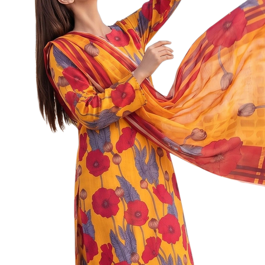 Seamless Elegance | Mustard & Poppy Red Allover Print 3-PC | Premium Lawn & Bamber Dupatta - Design 09