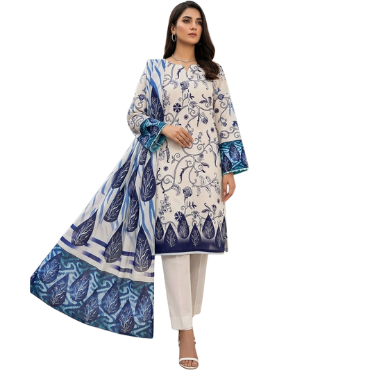 Bold & Textured | Indigo & Off-White Premium Lawn 3-PC | Luxe Statement - Design 05