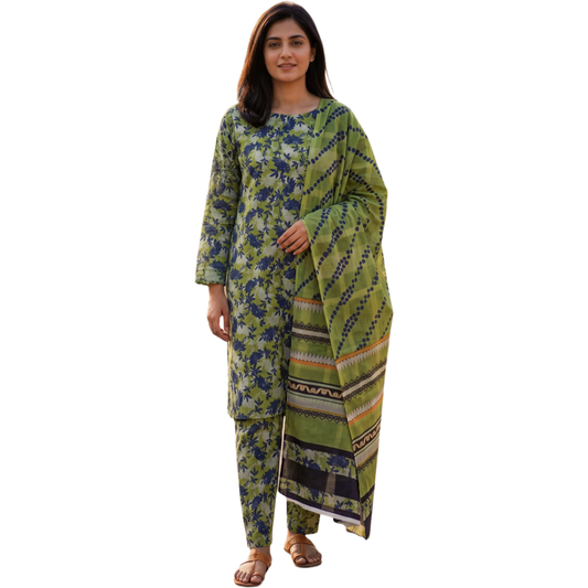 Moss Green & Indigo Floral Digital Allover Print Lawn 3pc suit Desighn 07