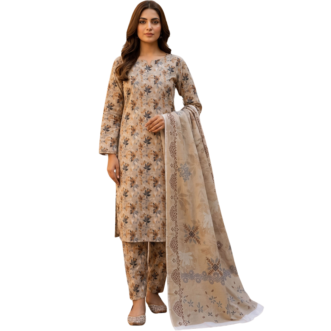 Neutral Floral Digital Allover Print Lawn Suit 3pc desighn 02