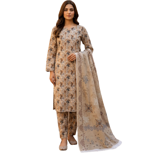 Neutral Floral Digital Allover Print Lawn Suit 3pc desighn 02