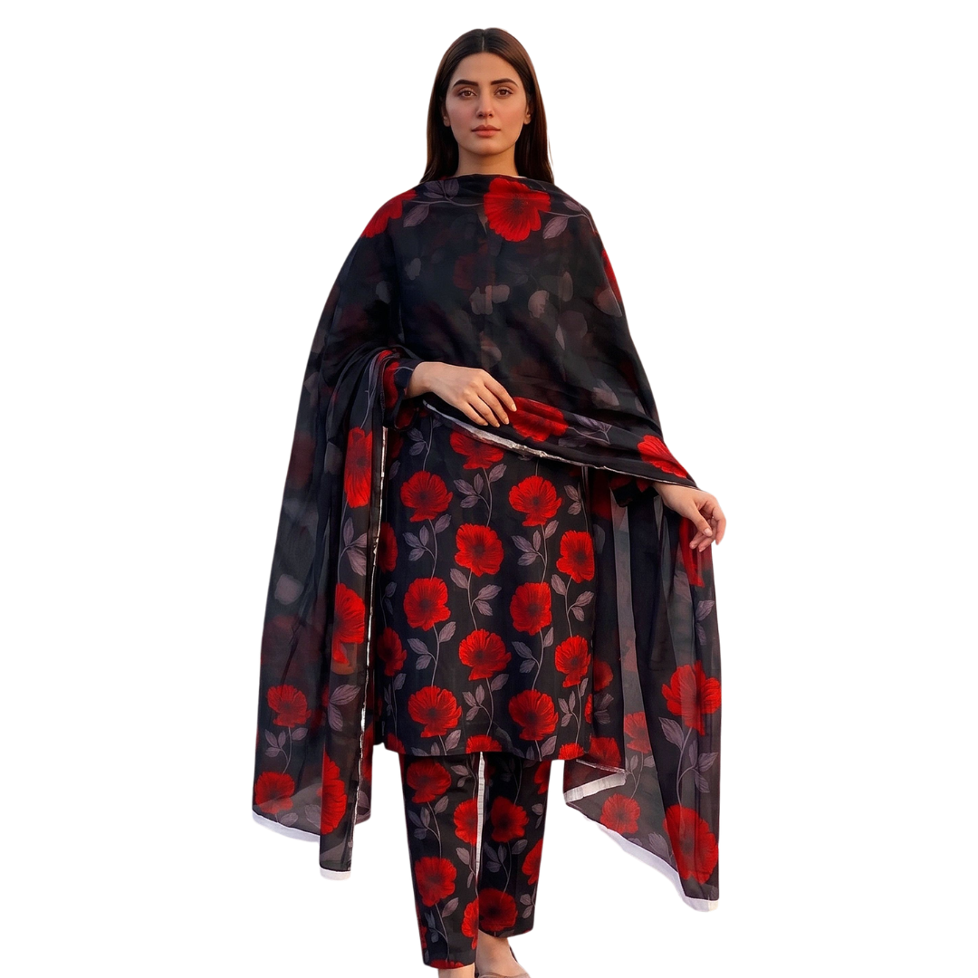 Seamless Elegance | Midnight Black & Scarlet Allover Print 3-PC | Premium Lawn & Bamber Dupatta - Design 03
