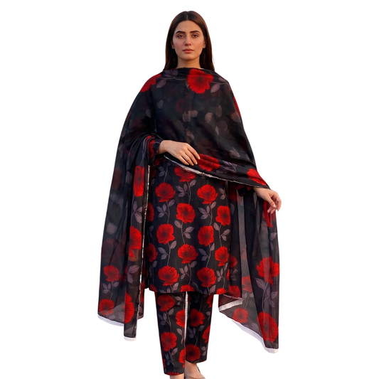 Seamless Elegance | Midnight Black & Scarlet Allover Print 3-PC | Premium Lawn & Bamber Dupatta - Design 03