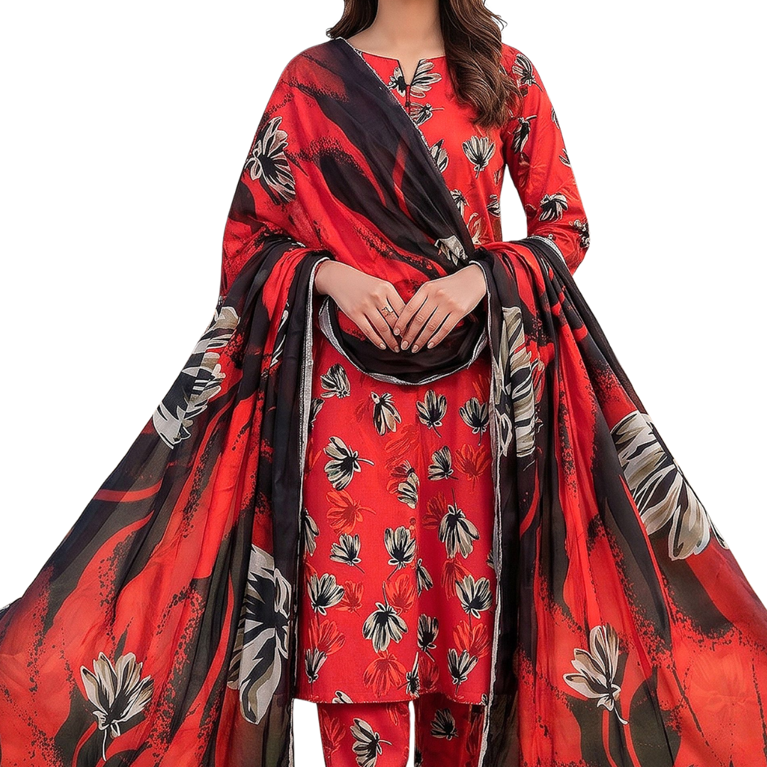 Seamless Elegance: Red & Black Floral Allover Print Premium Lawn (Vol. 636) Design 06
