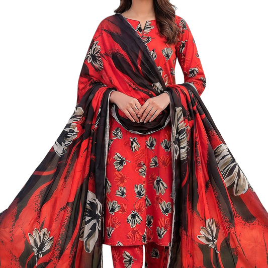 Seamless Elegance: Red & Black Floral Allover Print Premium Lawn (Vol. 636) Design 06