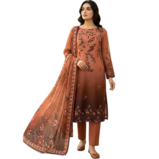 Bold & Textured | Terracotta Ombre Premium Lawn 3-PC | Digital Bold Print - Design 02