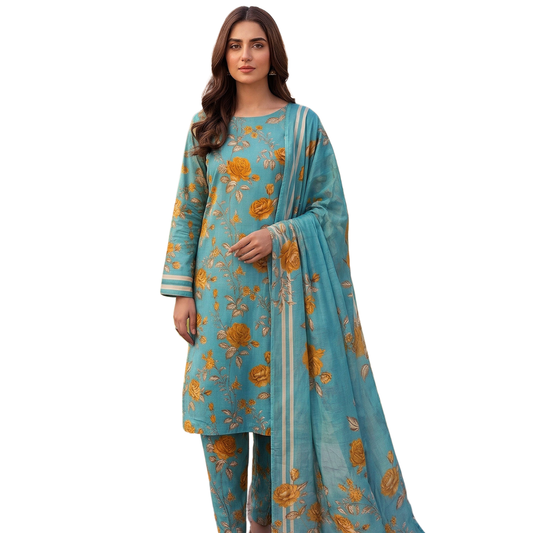 Seamless Elegance | Teal & Gold Rose Allover Print 3-PC | Premium Lawn & Bamber Dupatta - Design 07