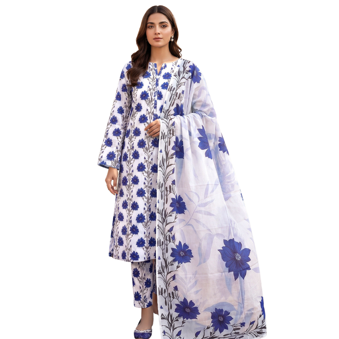 Seamless Elegance | Cobalt Blue Allover Print 3-PC | Premium Lawn & Bamber Dupatta - Design 01