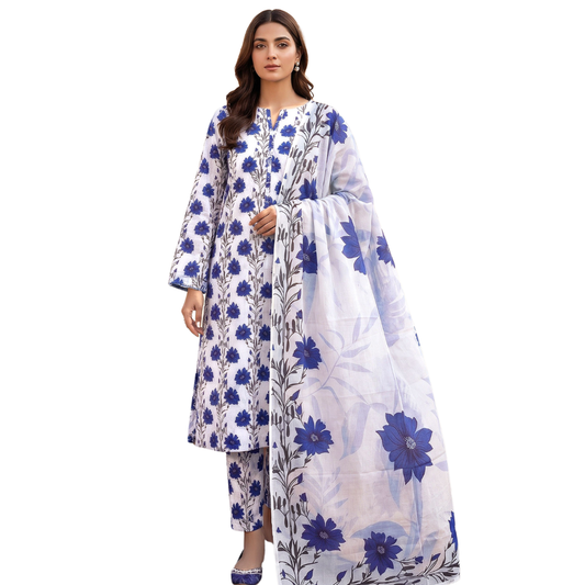 Seamless Elegance | Cobalt Blue Allover Print 3-PC | Premium Lawn & Bamber Dupatta - Design 01
