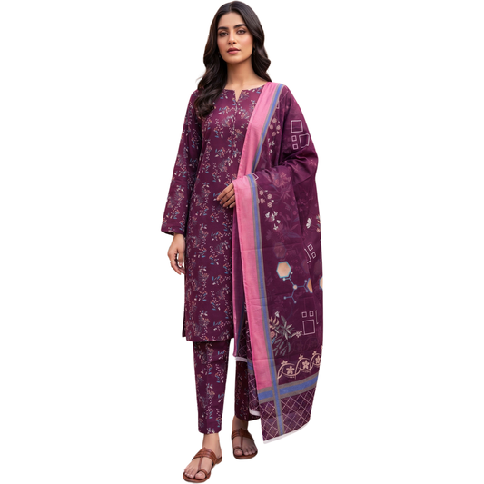 Deep Plum Floral Digital Allover Print Lawn Suite 3pc desighn 08