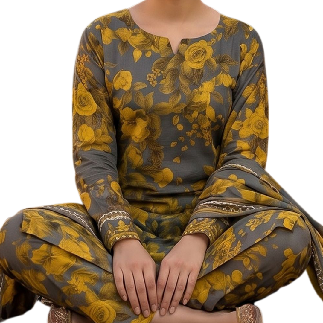 Charcoal & Mustard Botanica 3-Piece – Premium Lawn