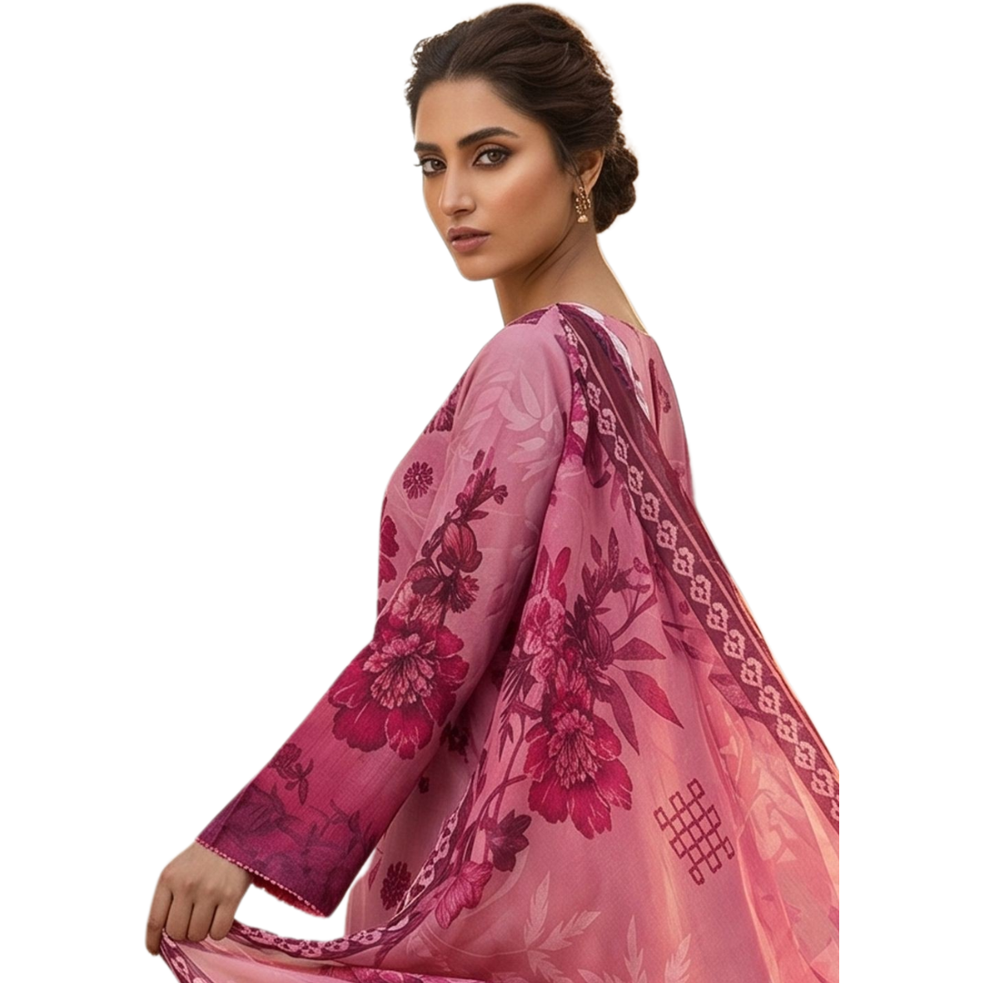 Bold & Textured: Rose-Plum Gradient Digital Print Premium Lawn Suite (Vol. 620)