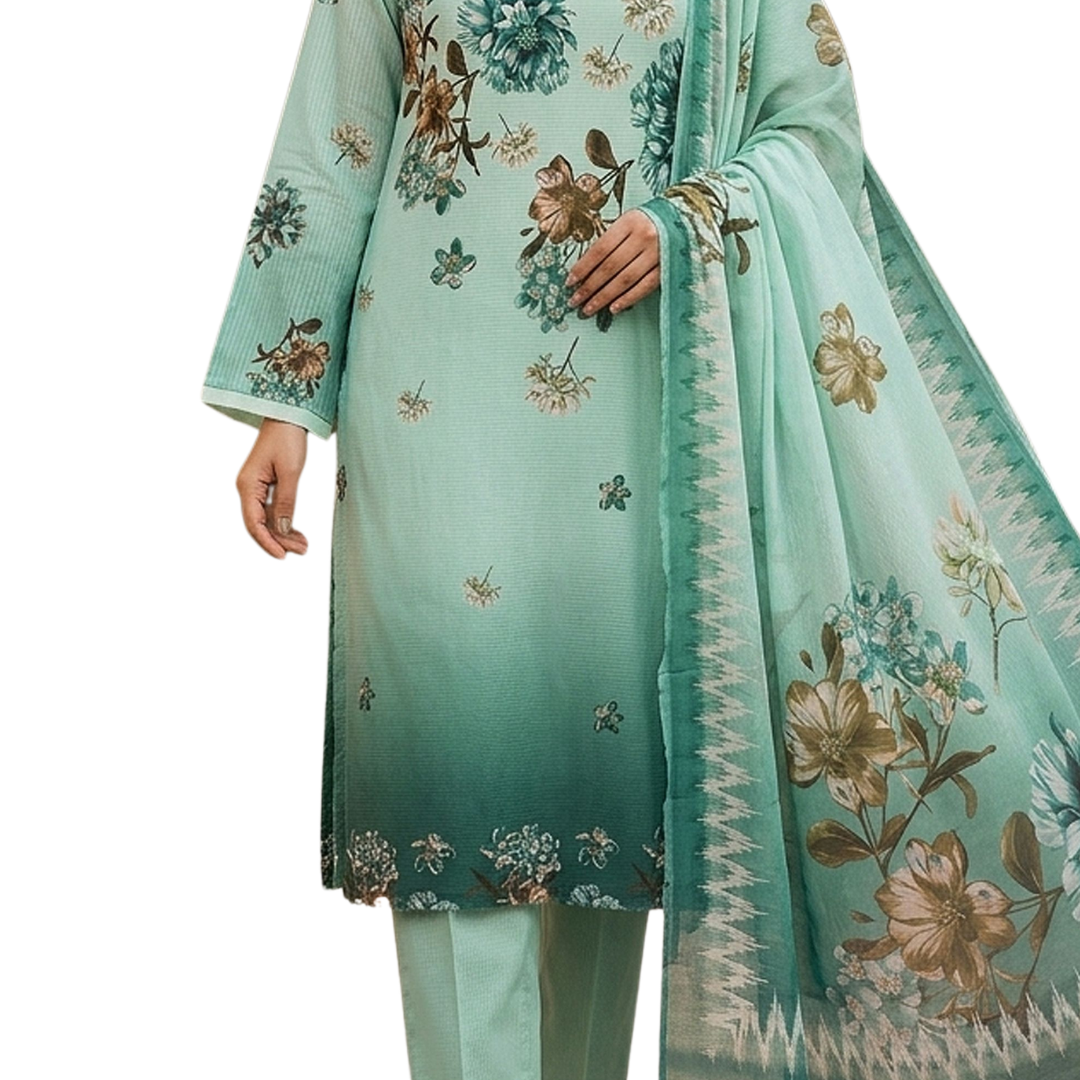Bold & Textured | Seafoam & Forest Ombre Premium Lawn 3-PC | Digital Bold Print - Design 08