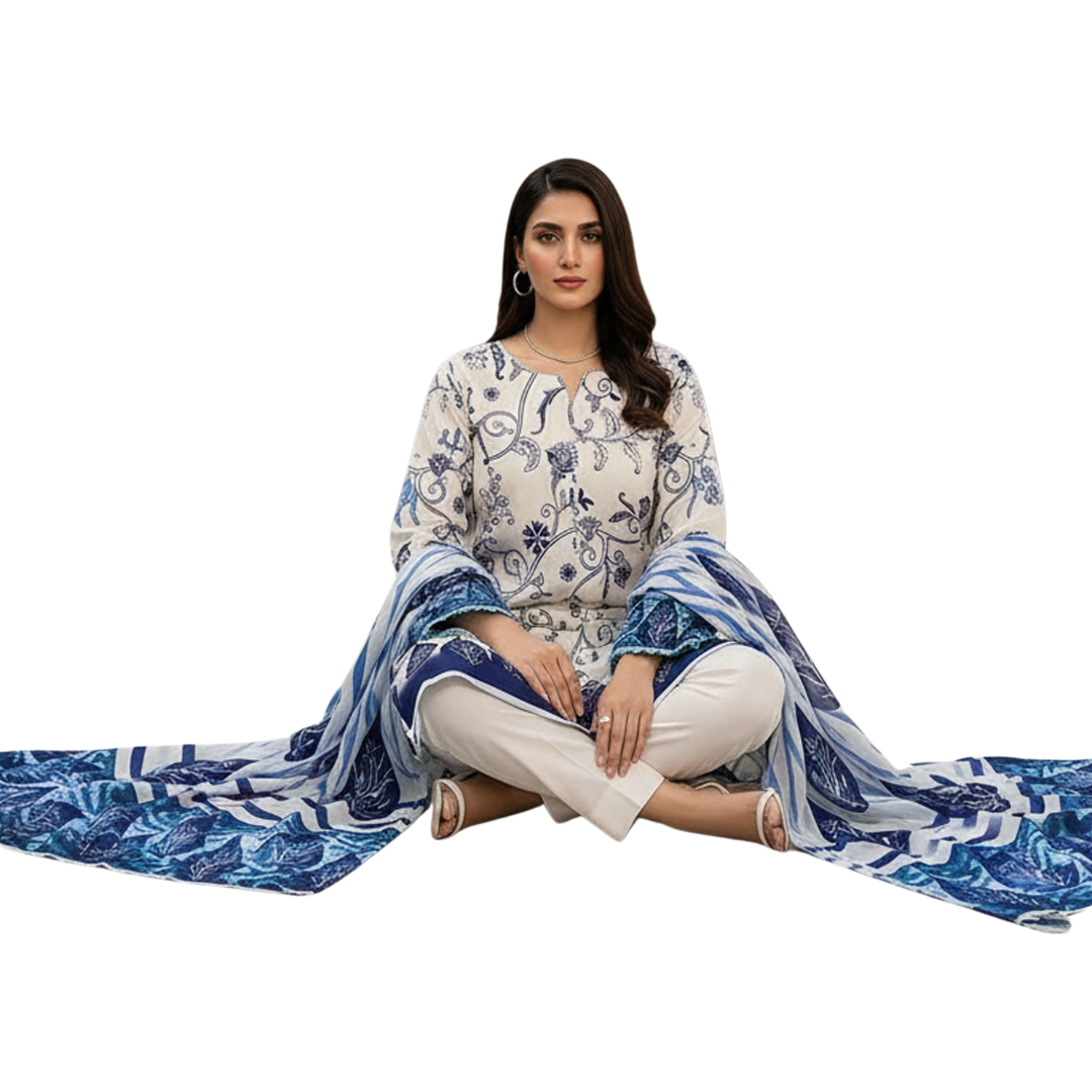 Bold & Textured | Indigo & Off-White Premium Lawn 3-PC | Luxe Statement - Design 05
