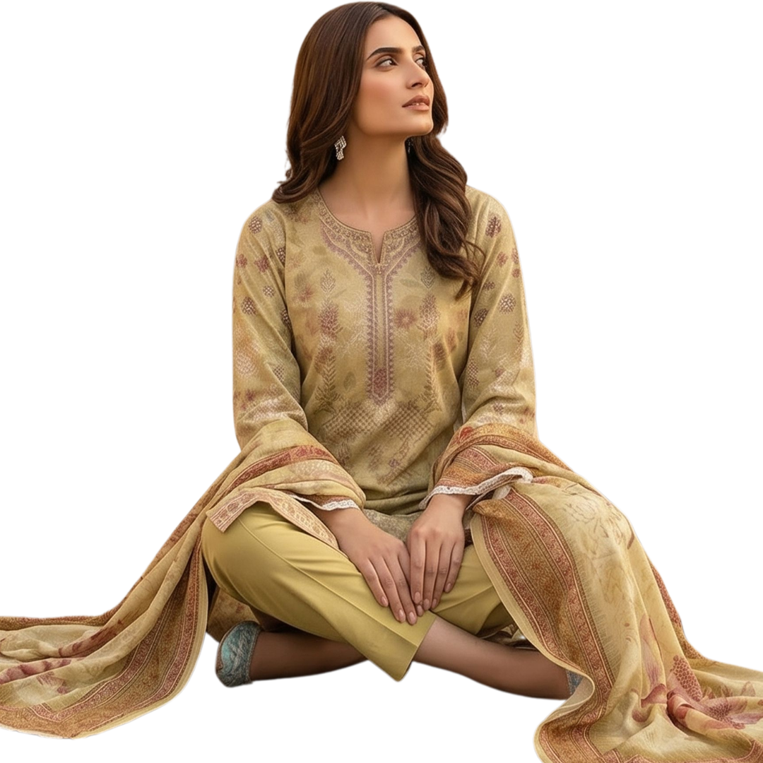 Artisanal Threads | Mustard Premium Lawn 3-PC | Digital Print & Embroidered Neckline - Desi 622gn 04