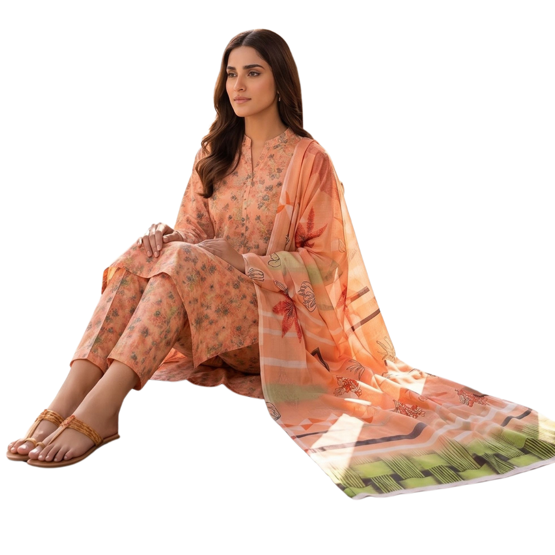 Sunset Peach Digital Allover Print Lawn Suit 3pc desighn 09