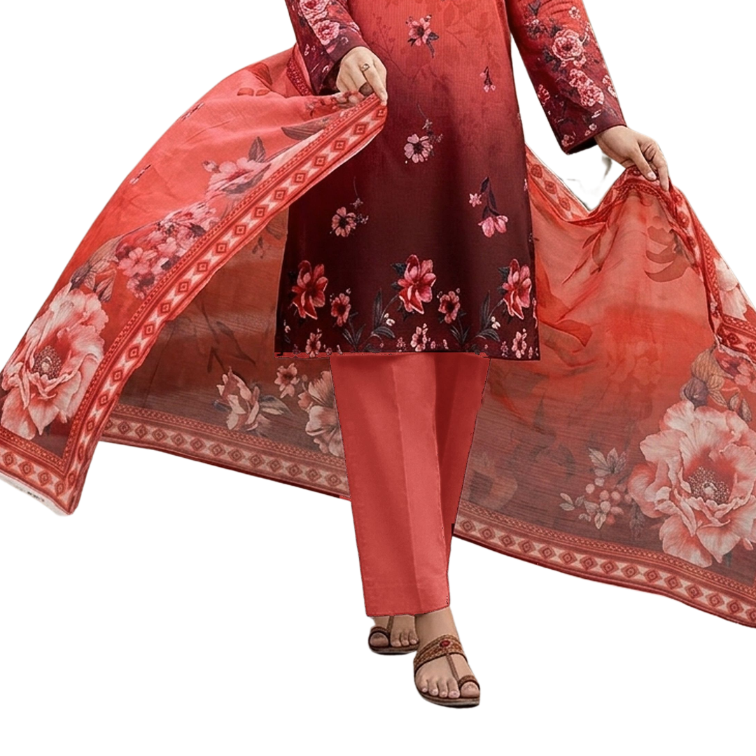 Bold & Textured | Crimson & Maroon Ombre Premium Lawn 3-PC | Digital Bold Print - Design 07