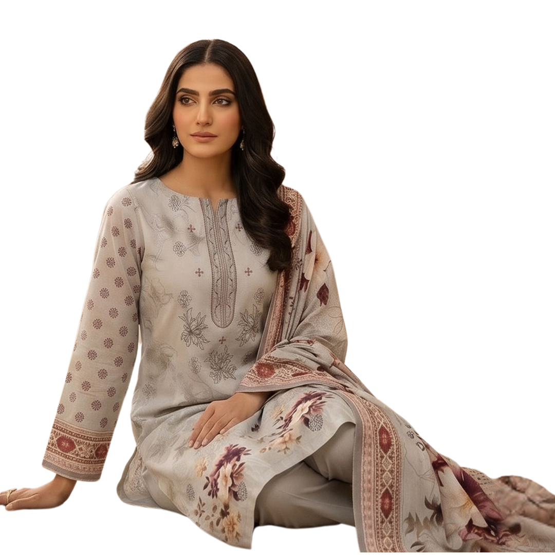 Artisanal Threads: Vintage Grey & Maroon Embroidered Premium Lawn Suite (Vol. 622)