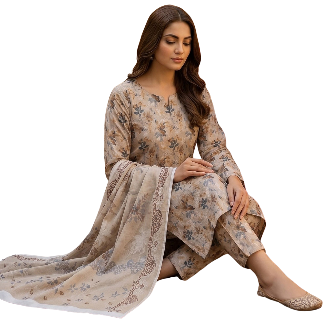 Neutral Floral Digital Allover Print Lawn Suit 3pc desighn 02