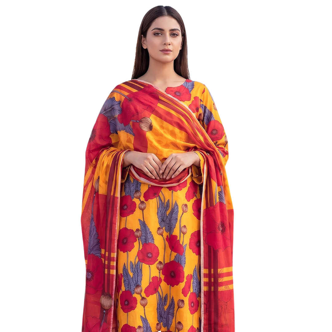Seamless Elegance | Mustard & Poppy Red Allover Print 3-PC | Premium Lawn & Bamber Dupatta - Design 09