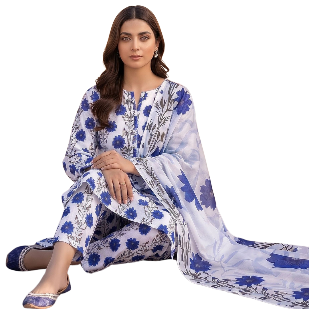 Seamless Elegance | Cobalt Blue Allover Print 3-PC | Premium Lawn & Bamber Dupatta - Design 01