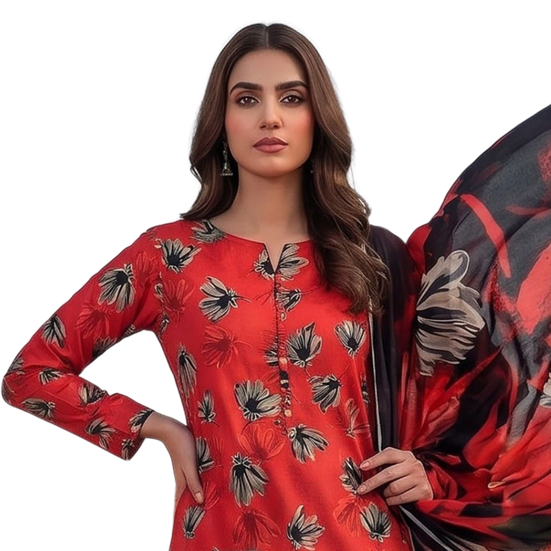 Seamless Elegance: Red & Black Floral Allover Print Premium Lawn (Vol. 636) Design 06