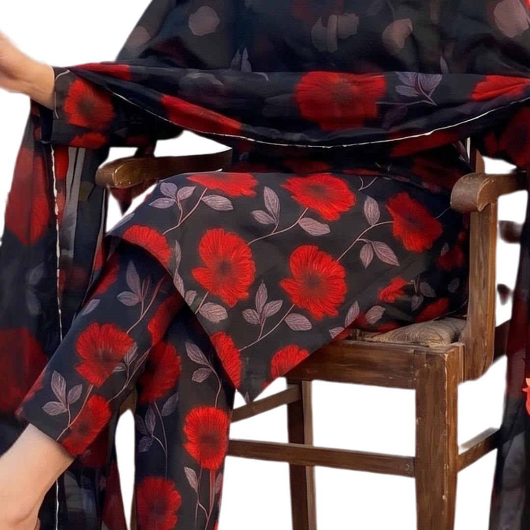 Seamless Elegance | Midnight Black & Scarlet Allover Print 3-PC | Premium Lawn & Bamber Dupatta - Design 03