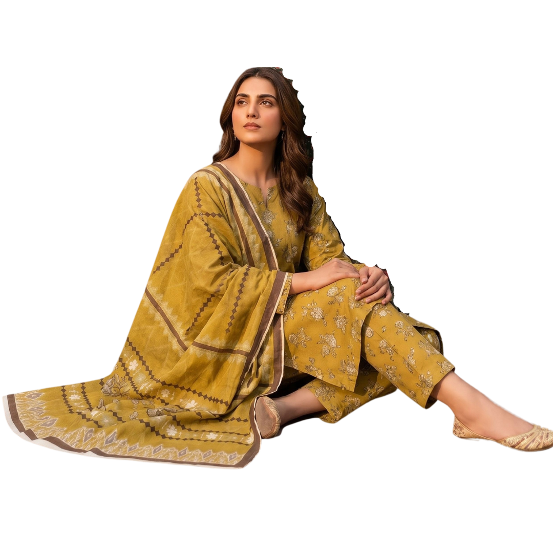 Mustard Vintage Floral Digital Allover Print Lawn - Vol 630 | Design 04