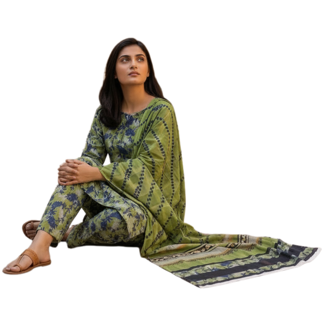 Moss Green & Indigo Floral Digital Allover Print Lawn 3pc suit Desighn 07