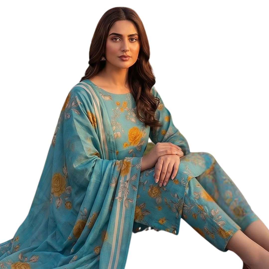 Seamless Elegance | Teal & Gold Rose Allover Print 3-PC | Premium Lawn & Bamber Dupatta - Design 07