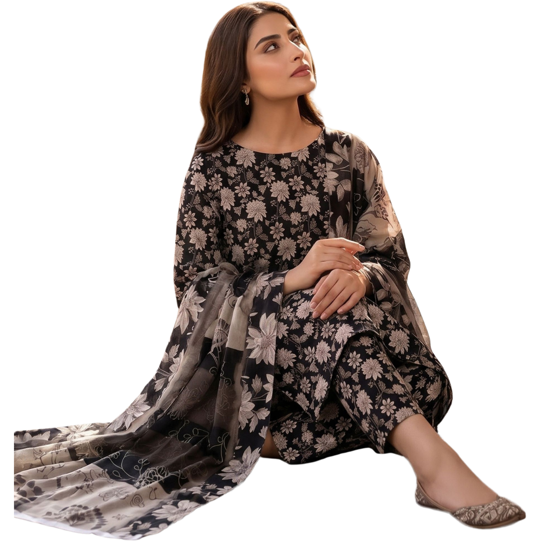Midnight Floral Digital Allover Print Lawn Suite desighn 03