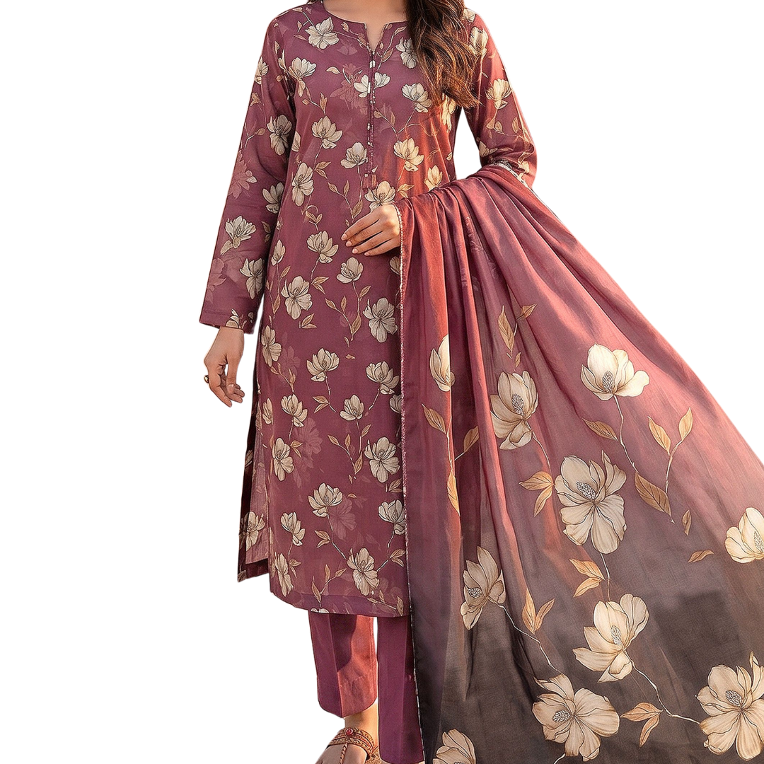 Seamless Elegance | Plum & Cream Allover Print 3-PC | Premium Lawn & Bamber Dupatta - Design 10